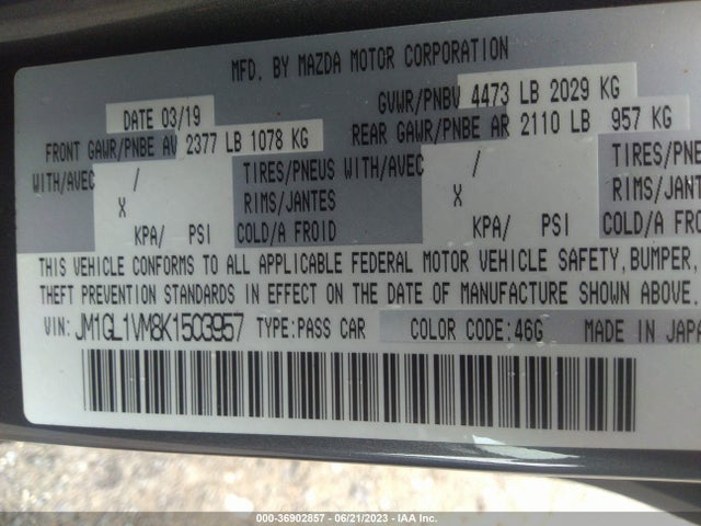 2019 MAZDA MAZDA6 TOURING VIN: JM1GL1VM8K1503957