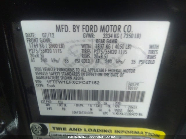 2012 FORD F-150 XL/XLT/FX4/LARIAT VIN: 1FTFW1EFXCFC47152