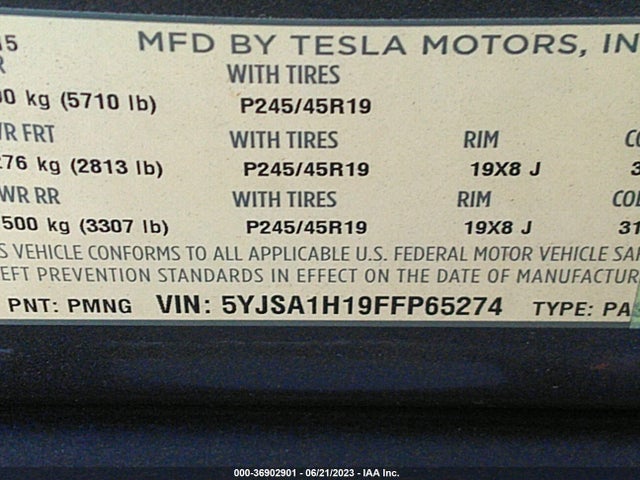 5YJSA1H19FFP65274 Tesla Model S Kwh Battery