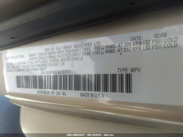 2008 SUBARU OUTBACK LTD VIN: 4S4BP62C987357111
