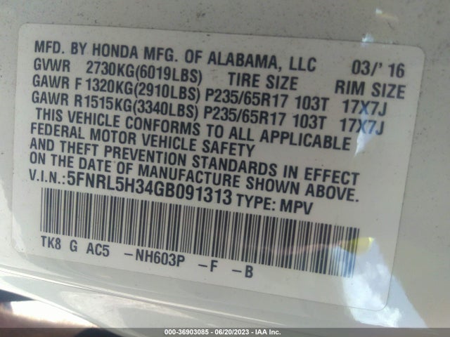 Honda ODYSSEY SE 2016 5FNRL5H34GB091313 Image 9
