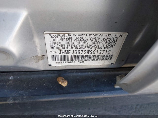 1998 HONDA CIVIC LX VIN: JHMEJ6672WS013712