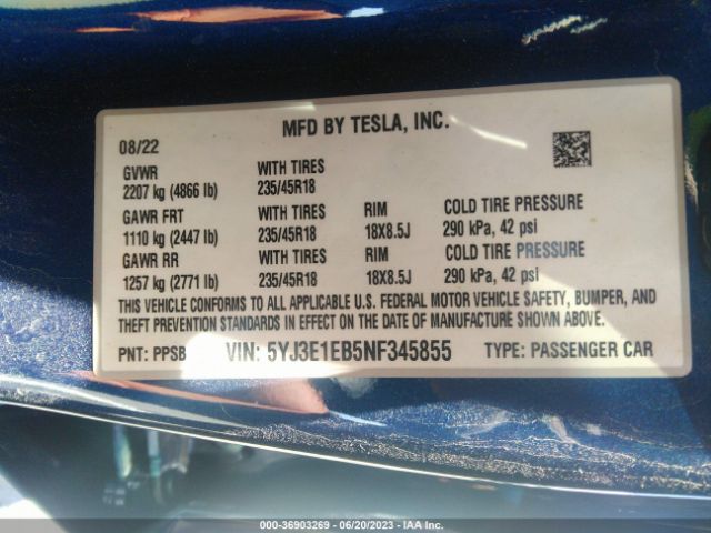 5YJ3E1EB5NF345855 Tesla Model 3 Long Range
