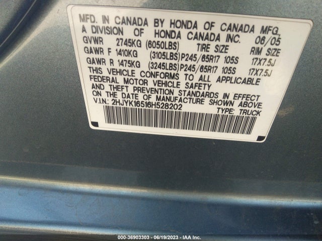 2006 HONDA RIDGELINE RTL VIN: 2HJYK16516H528202