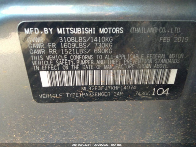 ML32F3FJ7KHF14074 Mitsubishi Mirage G4 Es/rf