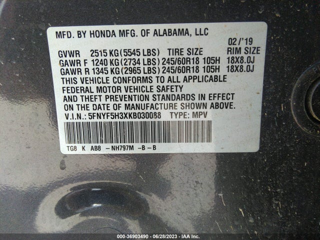Honda Pilot Ex 2019 5FNYF5H3XKB030088 Image 9