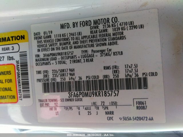 3FA6P0MU9KR185757 Ford Fusion Hybrid Sel