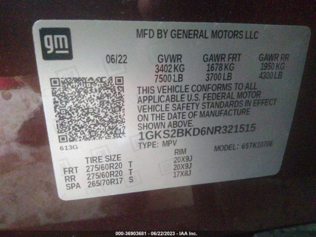 1GKS2BKD6NR321515 GMC YUKON SLT