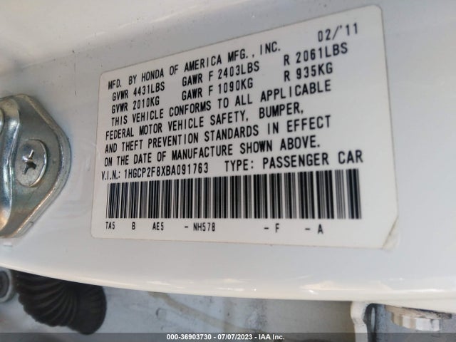 2011 HONDA ACCORD SDN EX-L VIN: 1HGCP2F8XBA091763