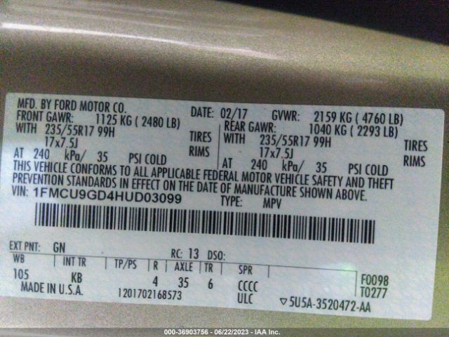 1FMCU9GD4HUD03099 Ford ESCAPE SE