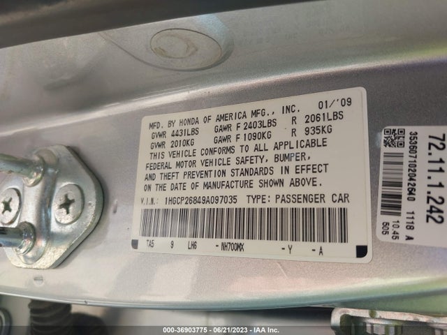 2009 HONDA ACCORD SDN EX-L VIN: 1HGCP26849A097035
