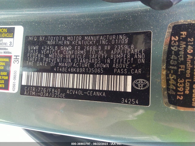 2009 TOYOTA CAMRY VIN: 4T4BE46K89R135065