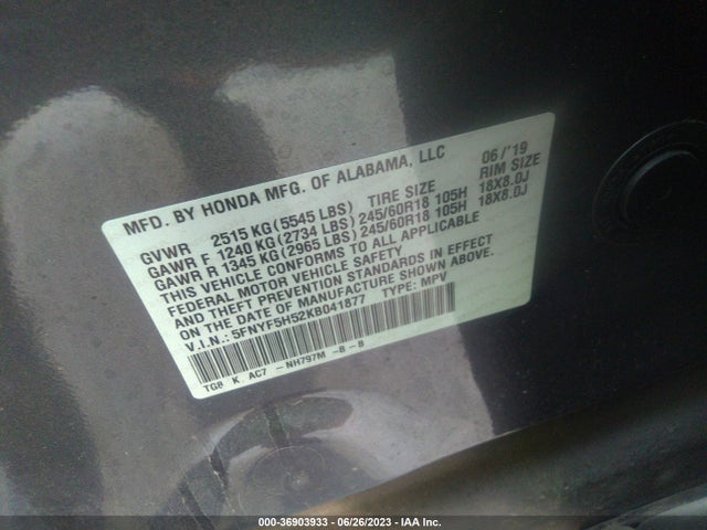 Honda Pilot Ex-l 2019 5FNYF5H52KB041877 Image 9