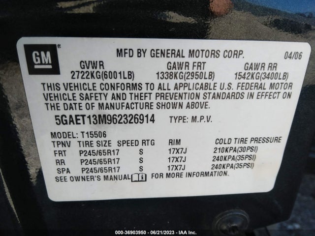 2006 BUICK RAINIER CXL VIN: 5GAET13M962326914