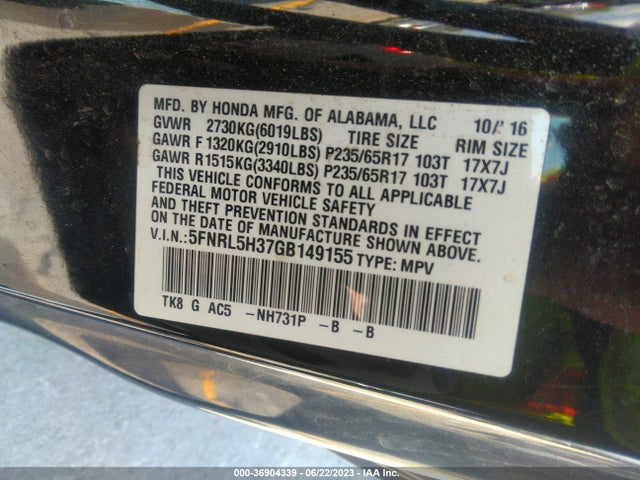 Honda ODYSSEY SE 2016 5FNRL5H37GB149155 Image 15