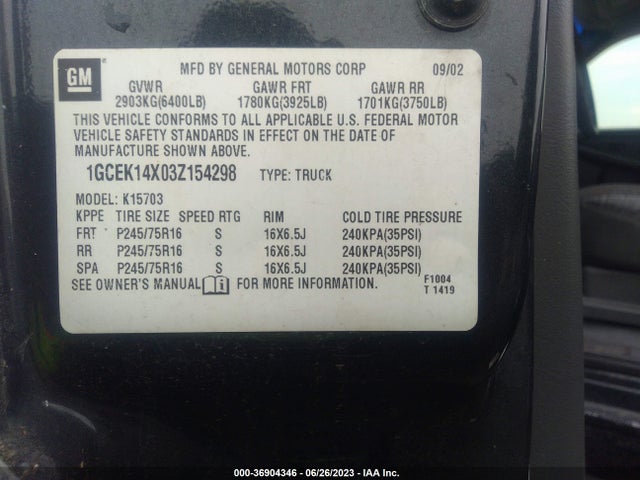 2003 CHEVROLET SILVERADO 1500 VIN: 1GCEK14X03Z154298