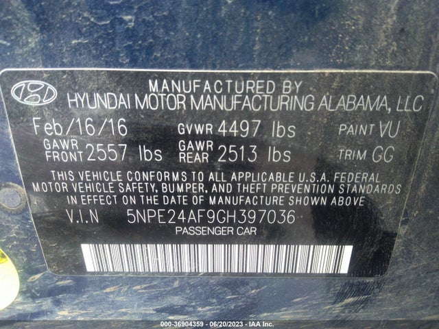Hyundai Sonata 2.4l 2016 5NPE24AF9GH397036 Image 9