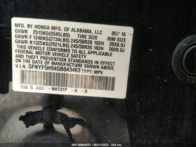 Honda Pilot Touring 2016 5FNYF5H94GB043463 Image 9