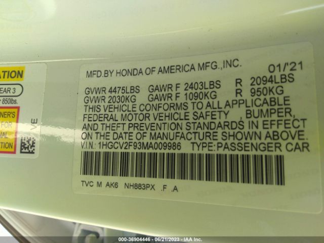 1HGCV2F93MA009986 Honda Accord Sedan Touring
