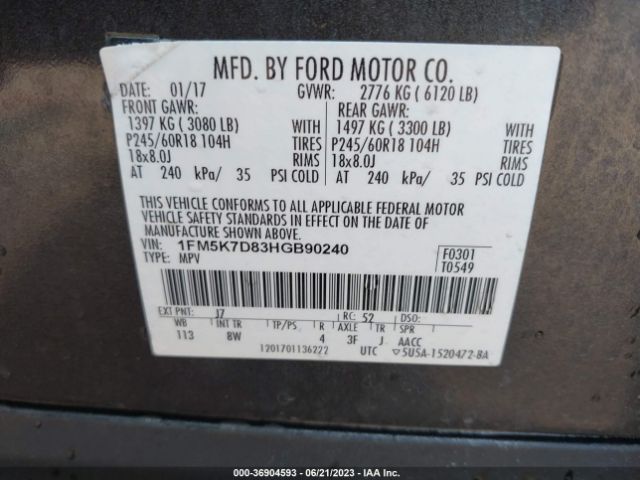 1FM5K7D83HGB90240 Ford EXPLORER XLT