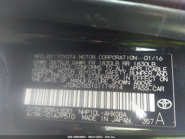 Toyota Prius C One/two/three/four 2016 JTDKDTB31G1119914 Image 15