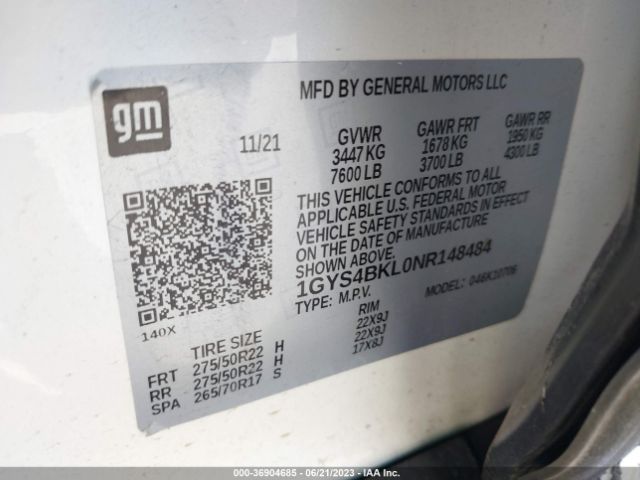 1GYS4BKL0NR148484 Cadillac Escalade 4wd Premium Luxury