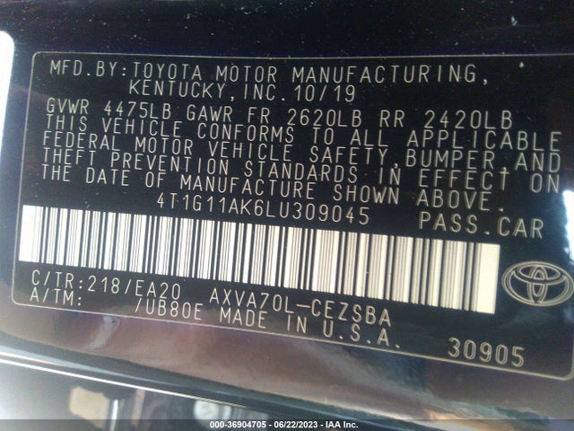 2020 TOYOTA CAMRY SE VIN: 4T1G11AK6LU309045