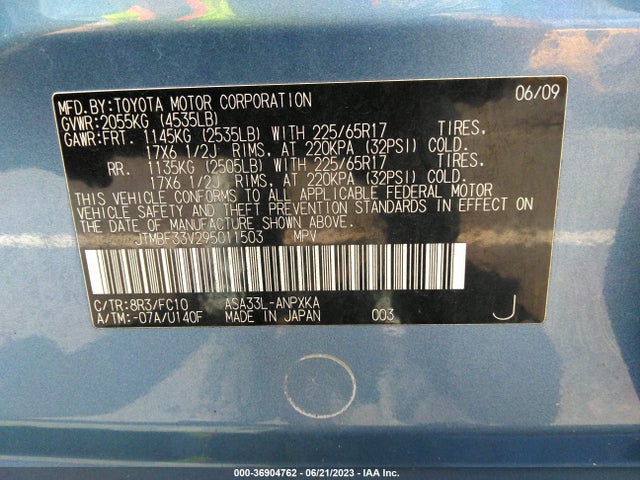 2009 TOYOTA RAV4 VIN: JTMBF33V295011503