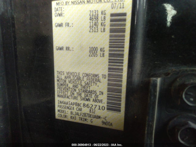 2011 NISSAN MAXIMA 3.5 SV W/PREMIUM PKG VIN: 1N4AA5AP8BC862710