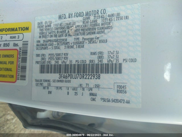 2013 FORD FUSION SE HYBRID VIN: 3FA6P0LU7DR222938