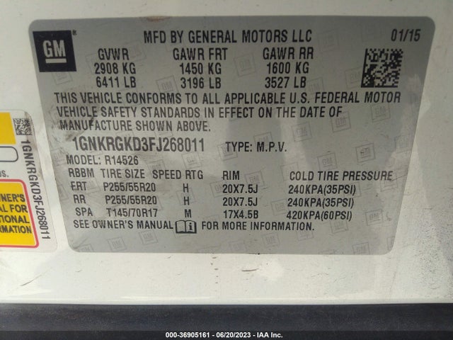 Chevrolet Traverse Lt 2015 1GNKRGKD3FJ268011 Image 9