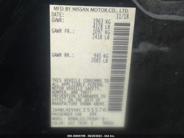 Nissan Altima 2.5 Sl 2019 1N4BL4EVXKC155576 Image 9