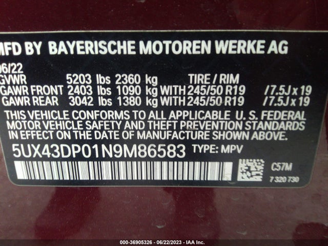 5UX43DP01N9M86583 BMW X3 Sdrive30i