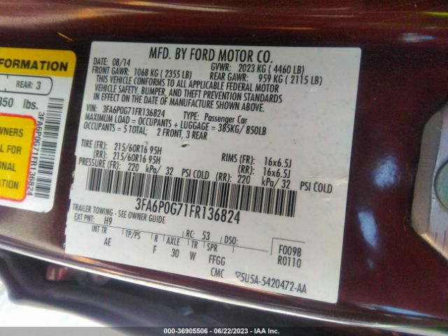 3FA6P0G71FR136824 Ford FUSION S