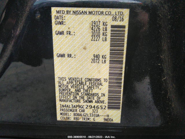 2016 NISSAN ALTIMA 2.5 S VIN: 1N4AL3AP9GC294652