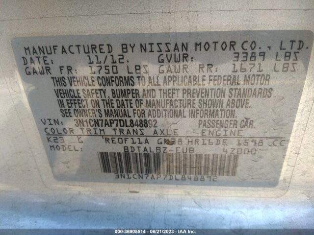 2013 NISSAN VERSA SV VIN: 3N1CN7AP7DL848892