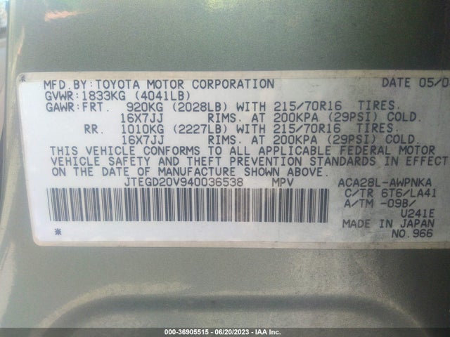 2004 TOYOTA RAV4 VIN: JTEGD20V940036538