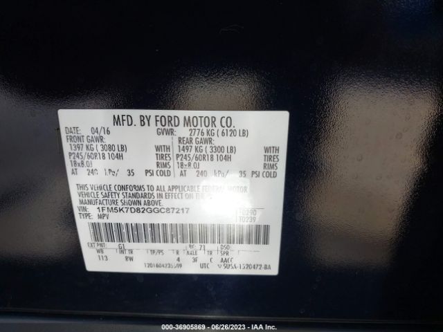 1FM5K7D82GGC87217 Ford EXPLORER XLT