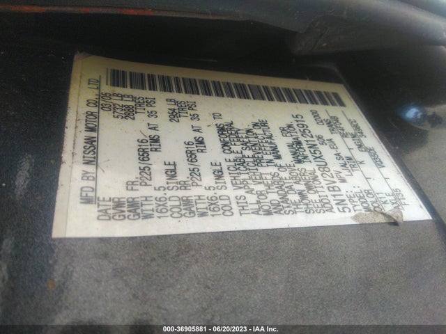 2005 NISSAN QUEST BASE VIN: 5N1BV28UX5N125915