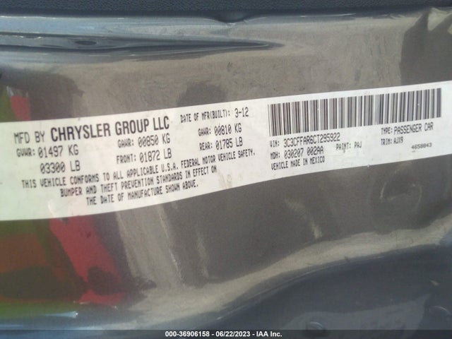 2012 FIAT 500 POP VIN: 3C3CFFAR6CT295922