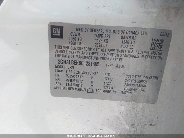 2012 CHEVROLET EQUINOX LS VIN: 2GNALBEK8C1281305