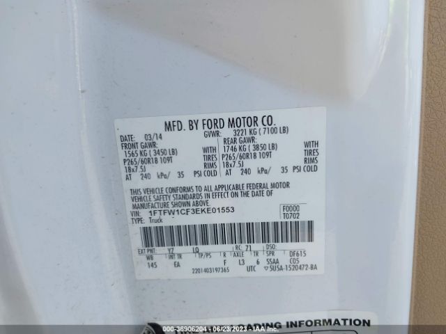 1FTFW1CF3EKE01553 Ford F-150 Xl/stx/xlt/fx2/lariat
