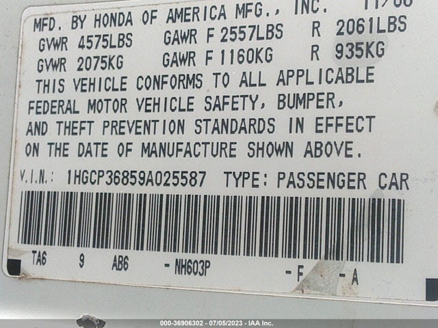 2009 HONDA ACCORD SDN EX-L VIN: 1HGCP36859A025587