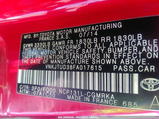 Toyota Yaris L/le 2015 VNKJTUD38FA017615 Image 9