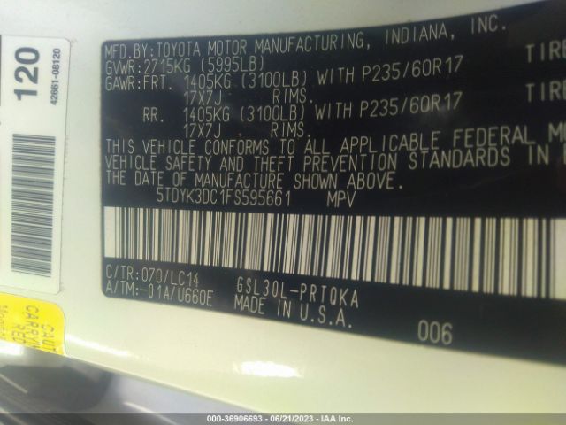 Toyota Sienna Xle/xle Aas/ltd 2015 5TDYK3DC1FS595661 Image 16