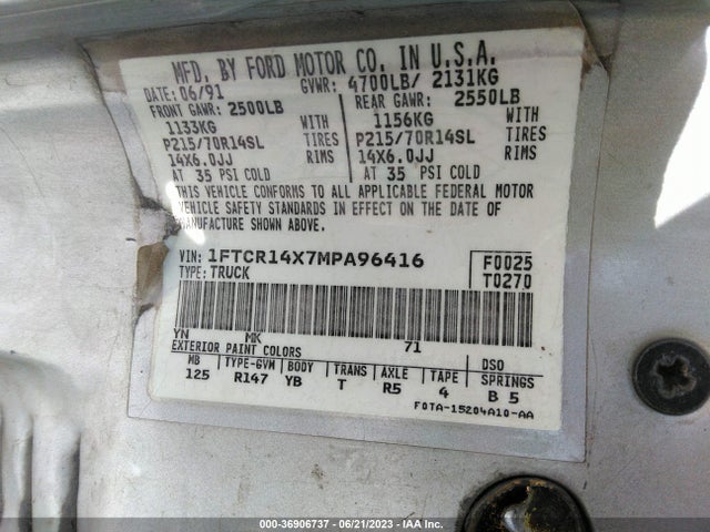 1991 FORD RANGER SUPER CAB VIN: 1FTCR14X7MPA96416