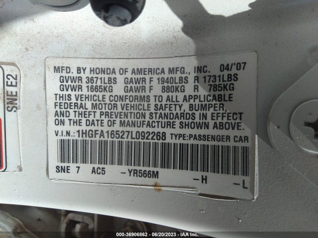 2007 HONDA CIVIC SDN LX VIN: 1HGFA16527L092268