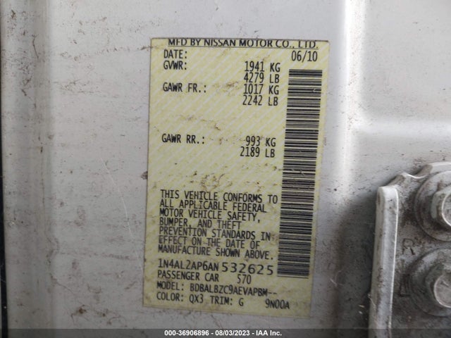 2010 NISSAN ALTIMA 2.5 SL VIN: 1N4AL2AP6AN532625