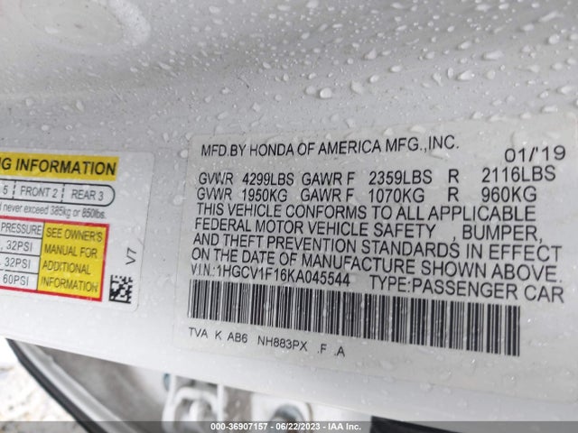 2019 HONDA ACCORD SEDAN LX 1.5T VIN: 1HGCV1F16KA045544