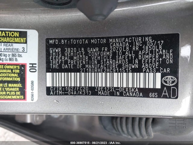 2017 TOYOTA COROLLA SE VIN: 2T1BURHE2HC911515
